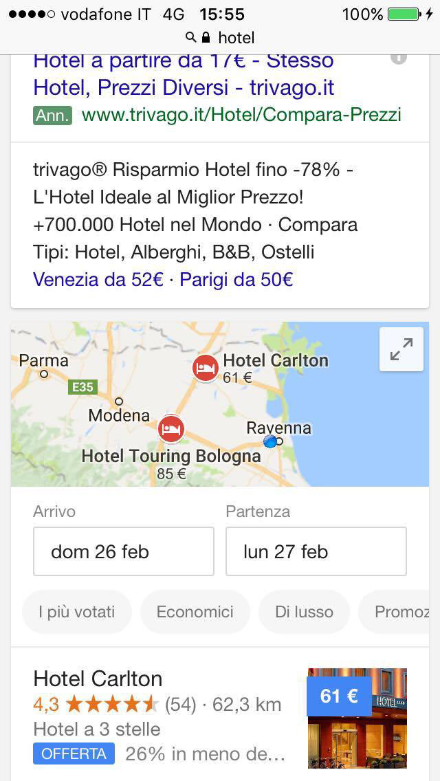 Ricerca della parola Hotel sul motore di ricerca Google effettuata nel comune di Ravenna