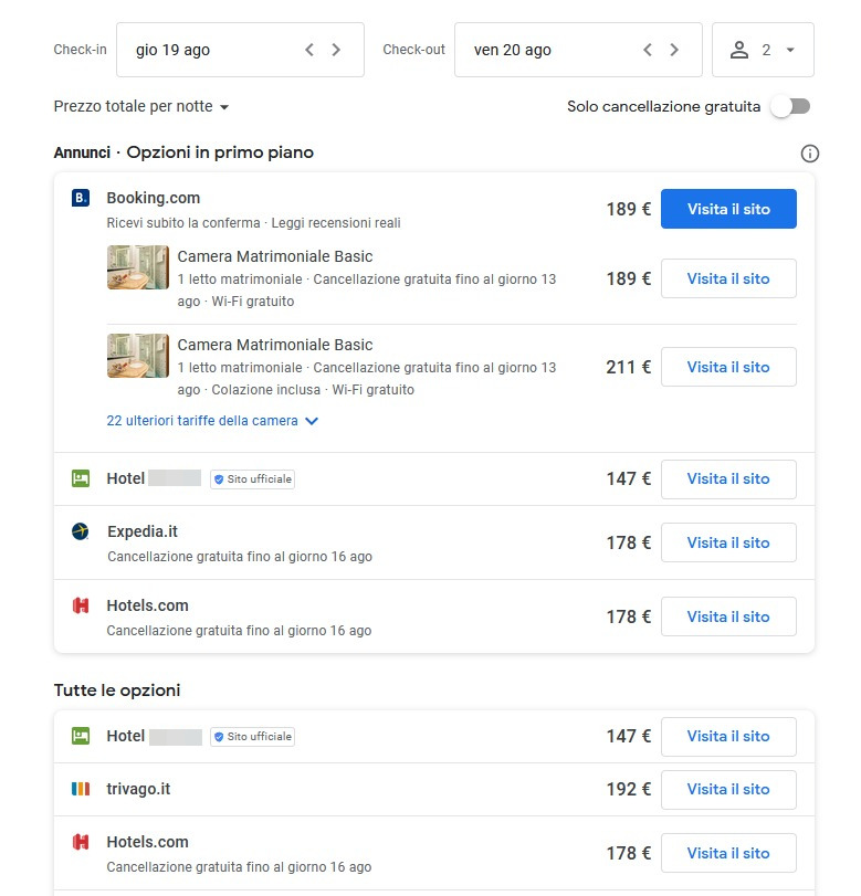 Link gratuiti Booking Engine Google Hotel